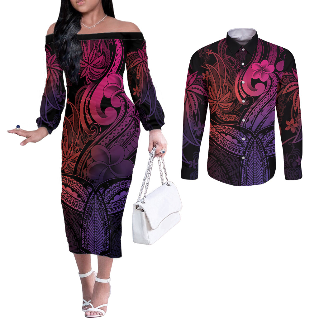 polynesia-couples-matching-off-the-shoulder-long-sleeve-dress-and-long-sleeve-button-shirts-whale-tale-and-polynesian-sunset-plumeria-pink