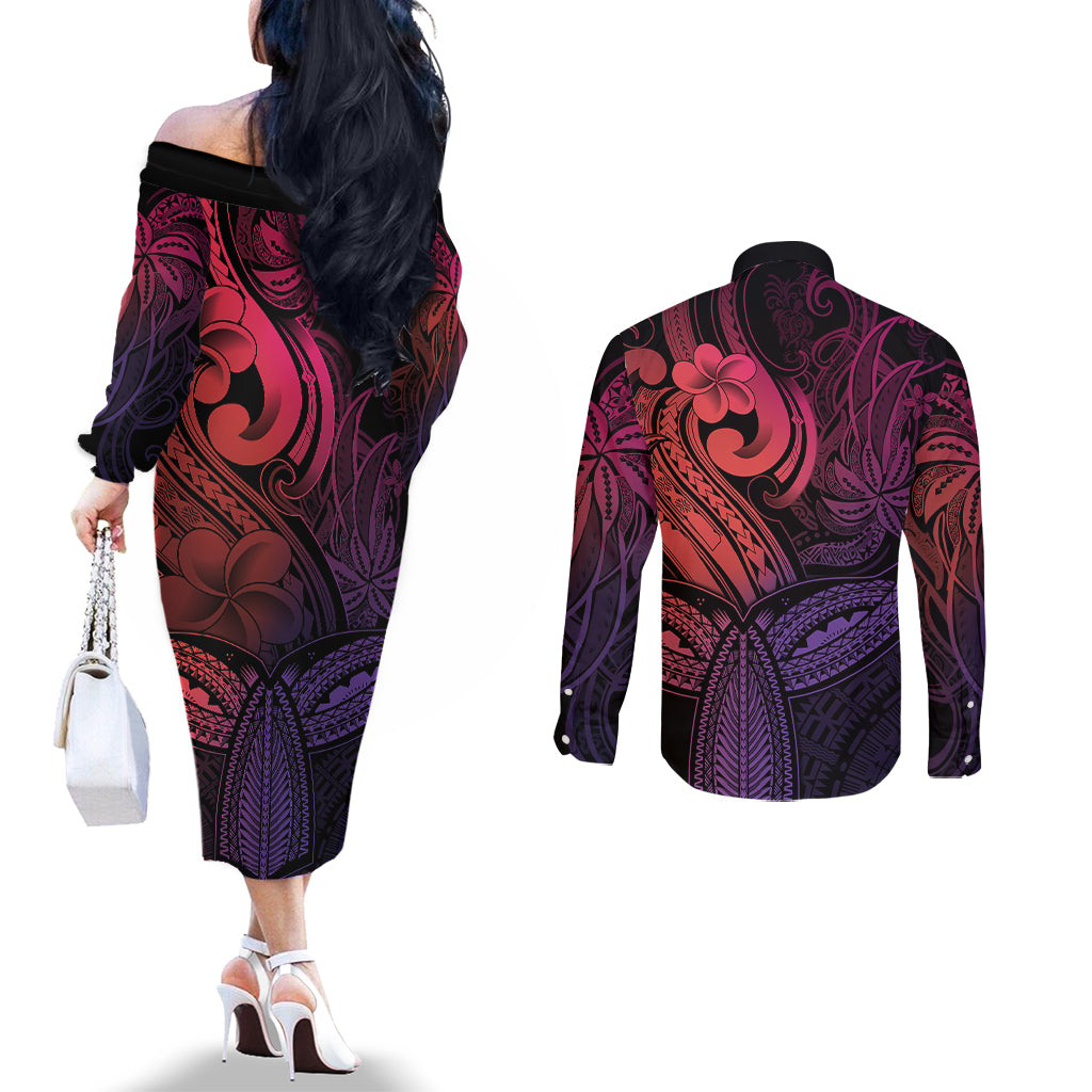 polynesia-couples-matching-off-the-shoulder-long-sleeve-dress-and-long-sleeve-button-shirts-whale-tale-and-polynesian-sunset-plumeria-pink
