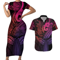Polynesia Couples Matching Short Sleeve Bodycon Dress and Hawaiian Shirt Whale Tale and Polynesian Sunset Plumeria Pink LT9 - Wonder Print Shop
