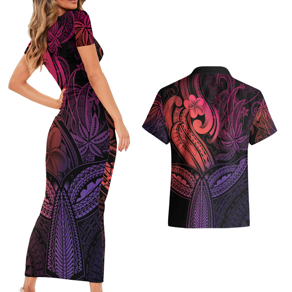 Polynesia Couples Matching Short Sleeve Bodycon Dress and Hawaiian Shirt Whale Tale and Polynesian Sunset Plumeria Pink LT9 - Wonder Print Shop