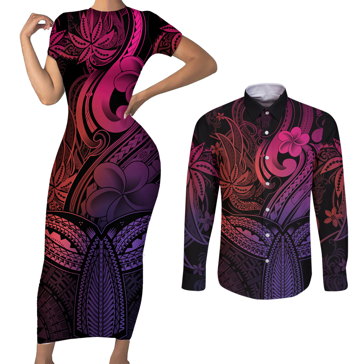 Polynesia Couples Matching Short Sleeve Bodycon Dress and Long Sleeve Button Shirts Whale Tale and Polynesian Sunset Plumeria Pink LT9 - Wonder Print Shop
