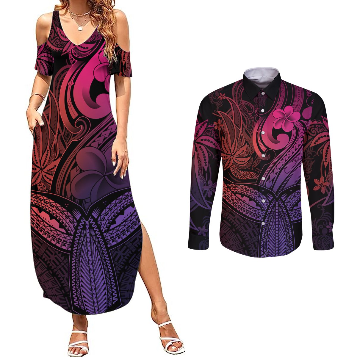 Polynesia Couples Matching Summer Maxi Dress and Long Sleeve Button Shirts Whale Tale and Polynesian Sunset Plumeria Pink LT9 - Wonder Print Shop