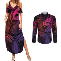 Polynesia Couples Matching Summer Maxi Dress and Long Sleeve Button Shirts Whale Tale and Polynesian Sunset Plumeria Pink LT9 - Wonder Print Shop
