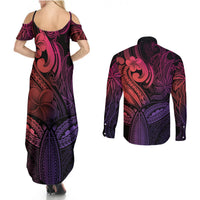 Polynesia Couples Matching Summer Maxi Dress and Long Sleeve Button Shirts Whale Tale and Polynesian Sunset Plumeria Pink LT9 - Wonder Print Shop