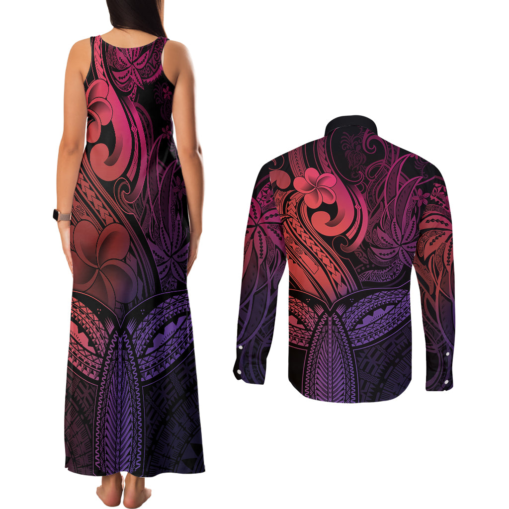 Polynesia Couples Matching Tank Maxi Dress and Long Sleeve Button Shirts Whale Tale and Polynesian Sunset Plumeria Pink LT9 - Wonder Print Shop