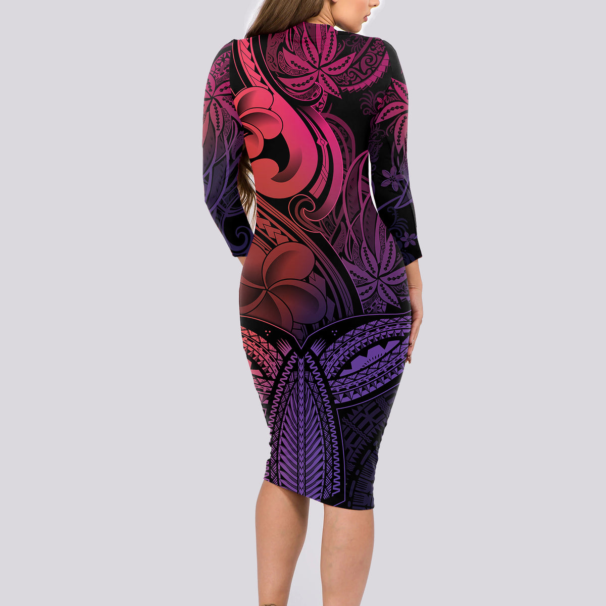 Polynesia Long Sleeve Bodycon Dress Whale Tale and Polynesian Sunset Plumeria Pink - Wonder Print Shop