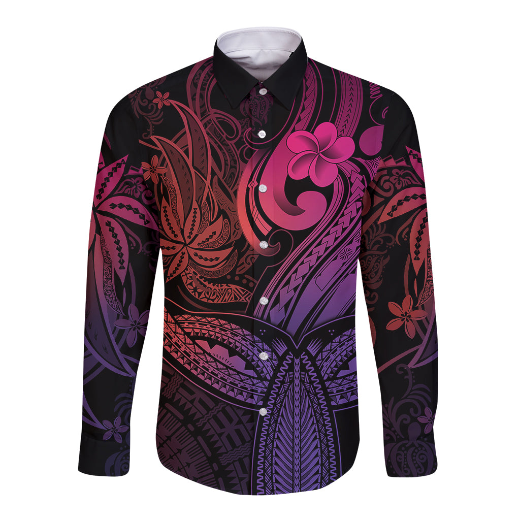 Polynesia Long Sleeve Button Shirt Whale Tale and Polynesian Sunset Plumeria Pink - Wonder Print Shop