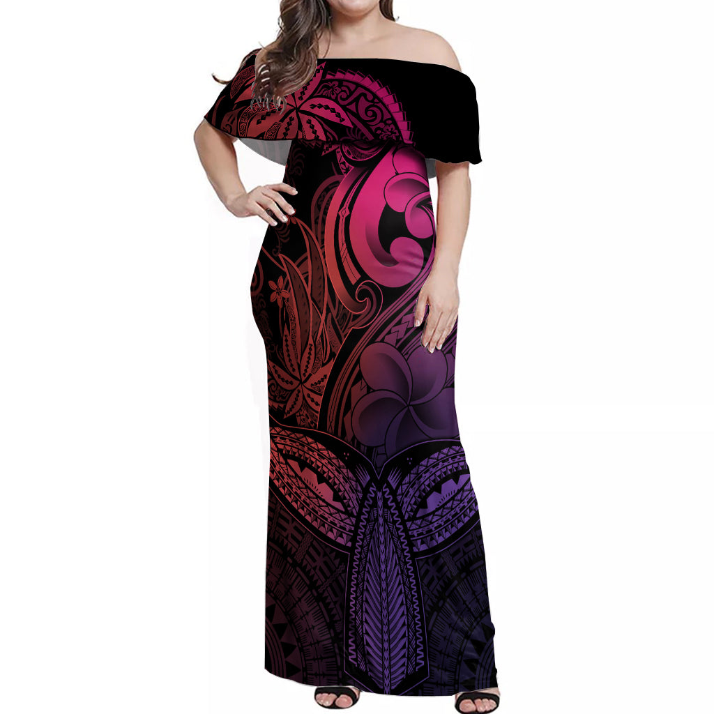 Polynesia Off Shoulder Maxi Dress Whale Tale and Polynesian Sunset Plumeria Pink - Wonder Print Shop