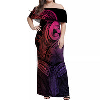 Polynesia Off Shoulder Maxi Dress Whale Tale and Polynesian Sunset Plumeria Pink - Wonder Print Shop