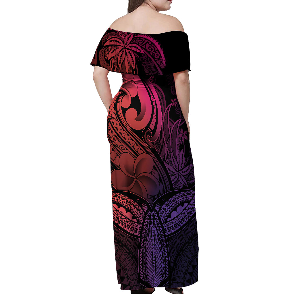 Polynesia Off Shoulder Maxi Dress Whale Tale and Polynesian Sunset Plumeria Pink - Wonder Print Shop