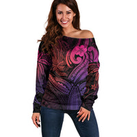 Polynesia Off Shoulder Sweater Whale Tale and Polynesian Sunset Plumeria Pink - Wonder Print Shop