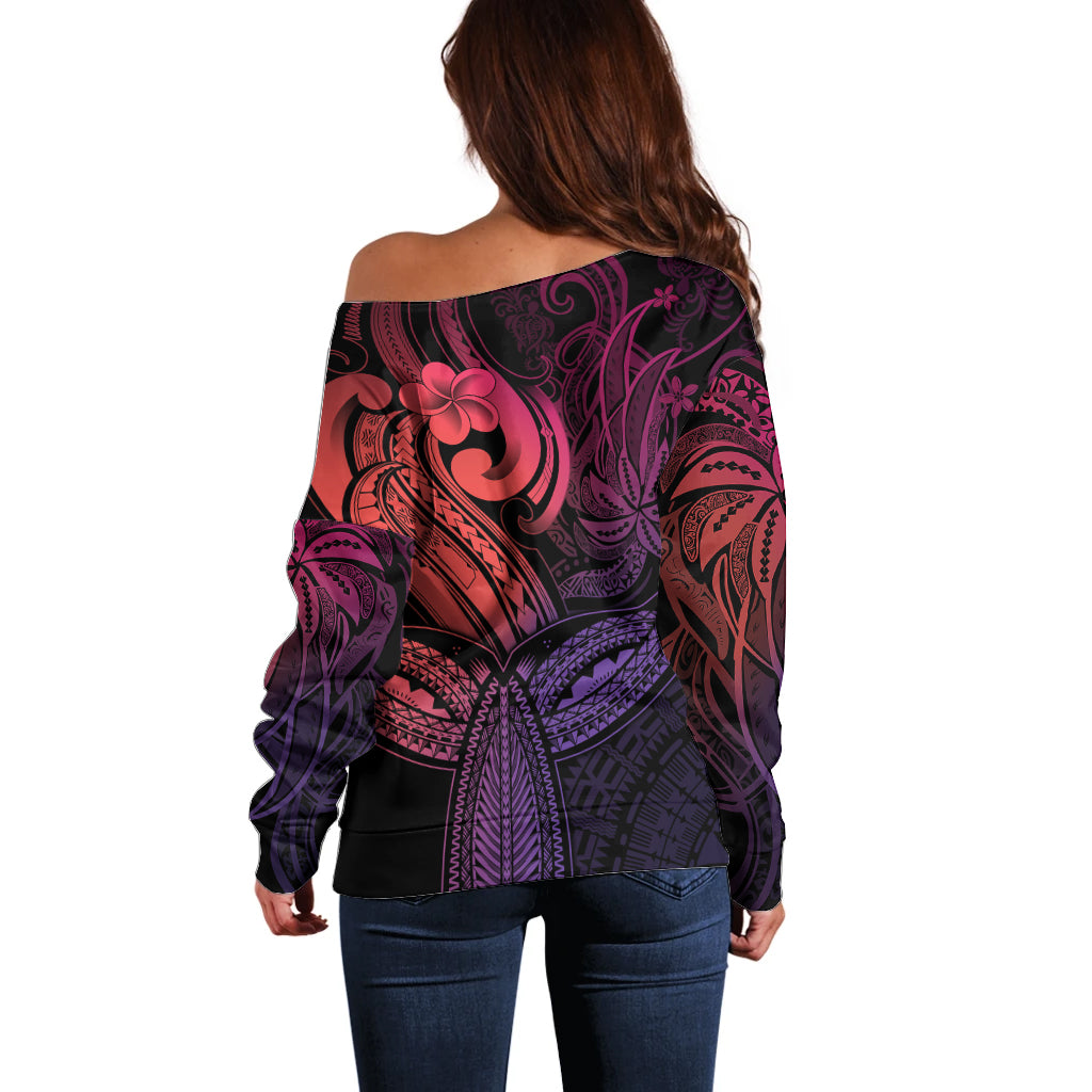 Polynesia Off Shoulder Sweater Whale Tale and Polynesian Sunset Plumeria Pink - Wonder Print Shop