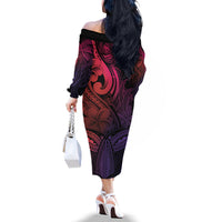 Polynesia Off The Shoulder Long Sleeve Dress Whale Tale and Polynesian Sunset Plumeria Pink - Wonder Print Shop
