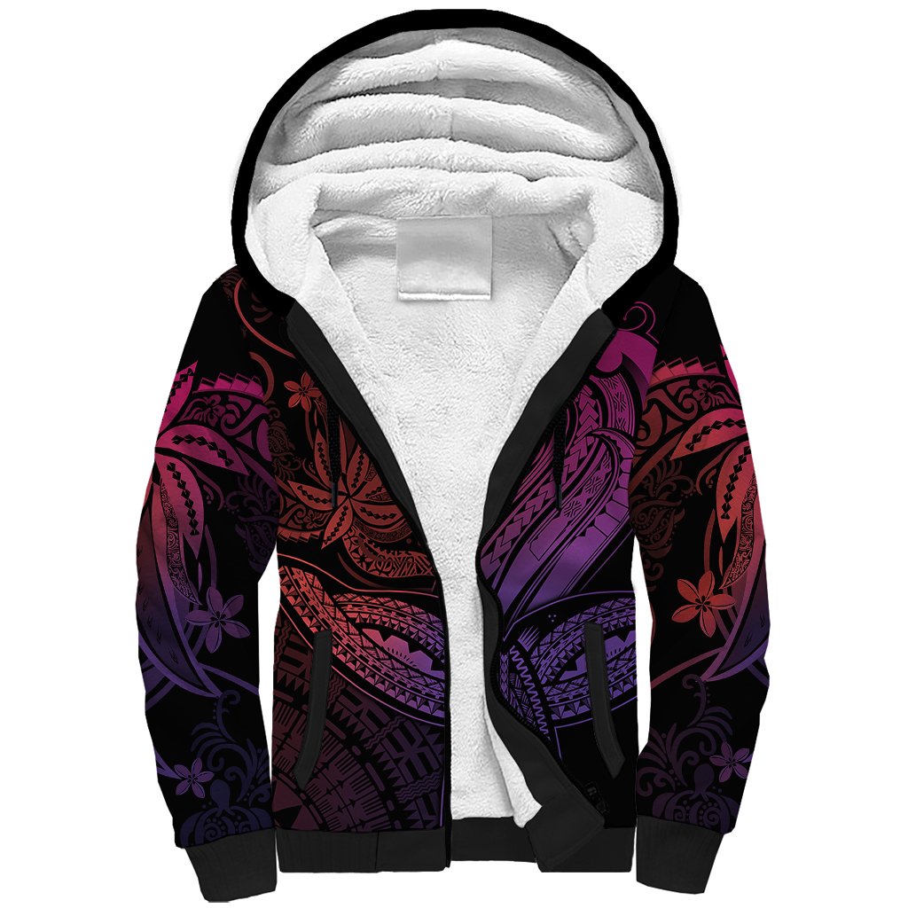 Polynesia Sherpa Hoodie Whale Tale and Polynesian Sunset Plumeria Pink - Wonder Print Shop
