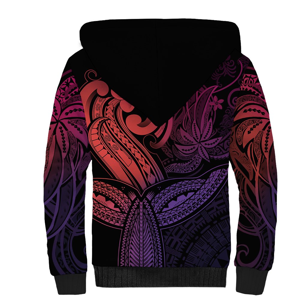 Polynesia Sherpa Hoodie Whale Tale and Polynesian Sunset Plumeria Pink - Wonder Print Shop