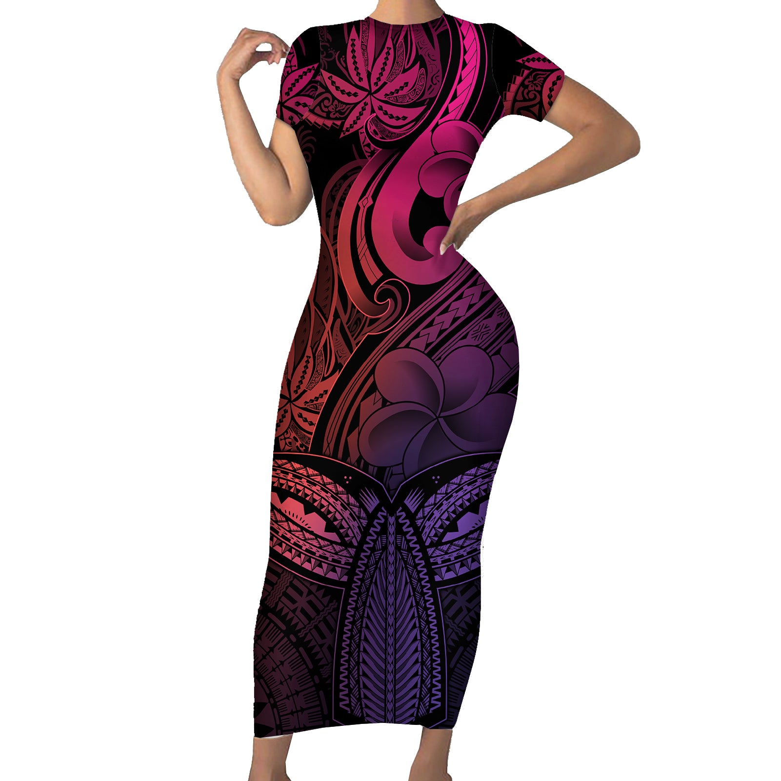 Polynesia Short Sleeve Bodycon Dress Whale Tale and Polynesian Sunset Plumeria Pink - Wonder Print Shop