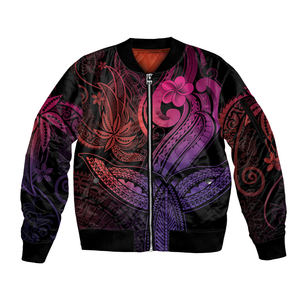 Polynesia Sleeve Zip Bomber Jacket Whale Tale and Polynesian Sunset Plumeria Pink - Wonder Print Shop