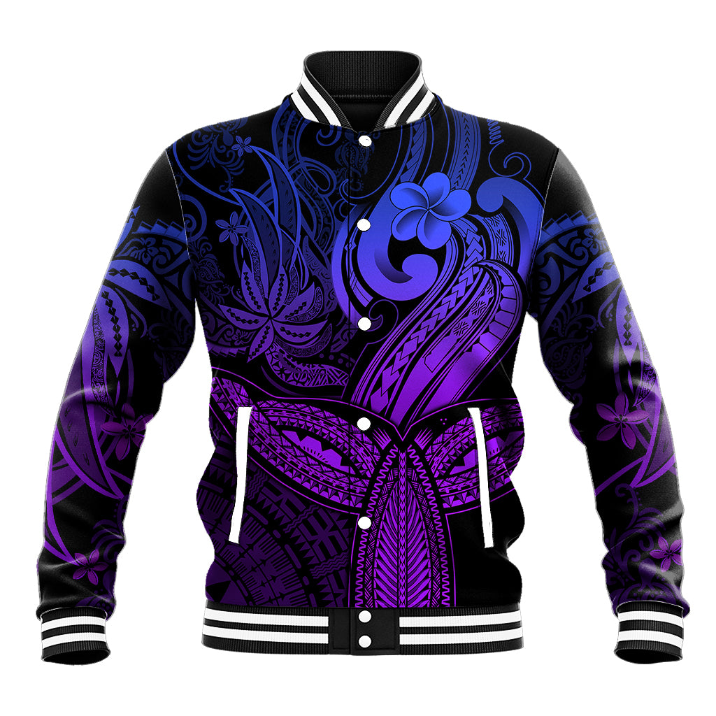 Polynesia Baseball Jacket Whale Tale and Polynesian Sunset Plumeria Purple LT9 - Wonder Print Shop