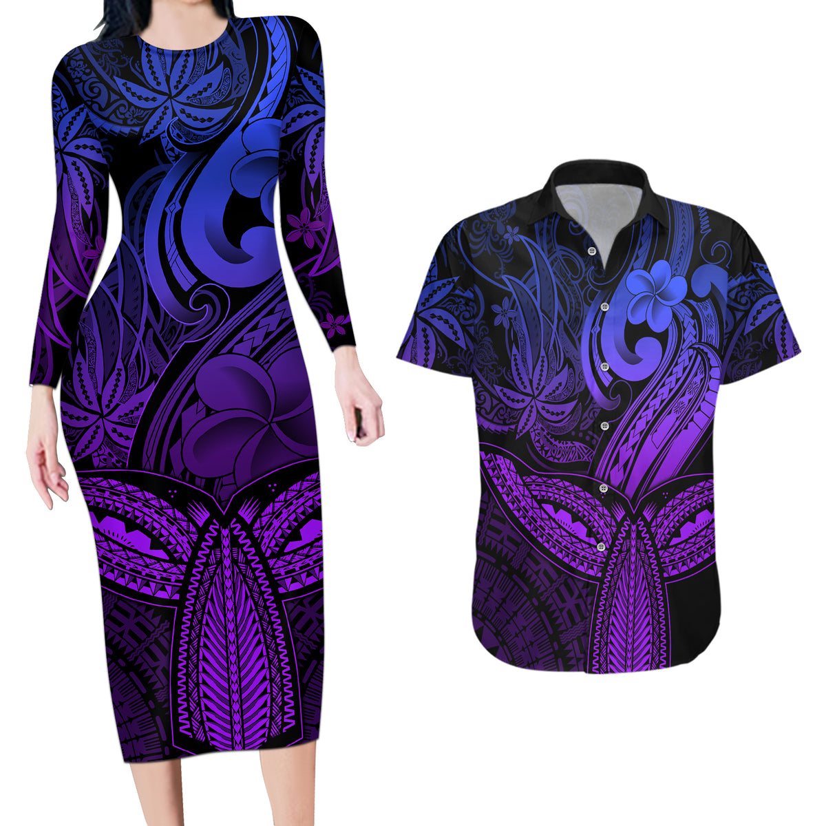 Polynesia Couples Matching Long Sleeve Bodycon Dress and Hawaiian Shirt Whale Tale and Polynesian Sunset Plumeria Purple LT9 - Wonder Print Shop