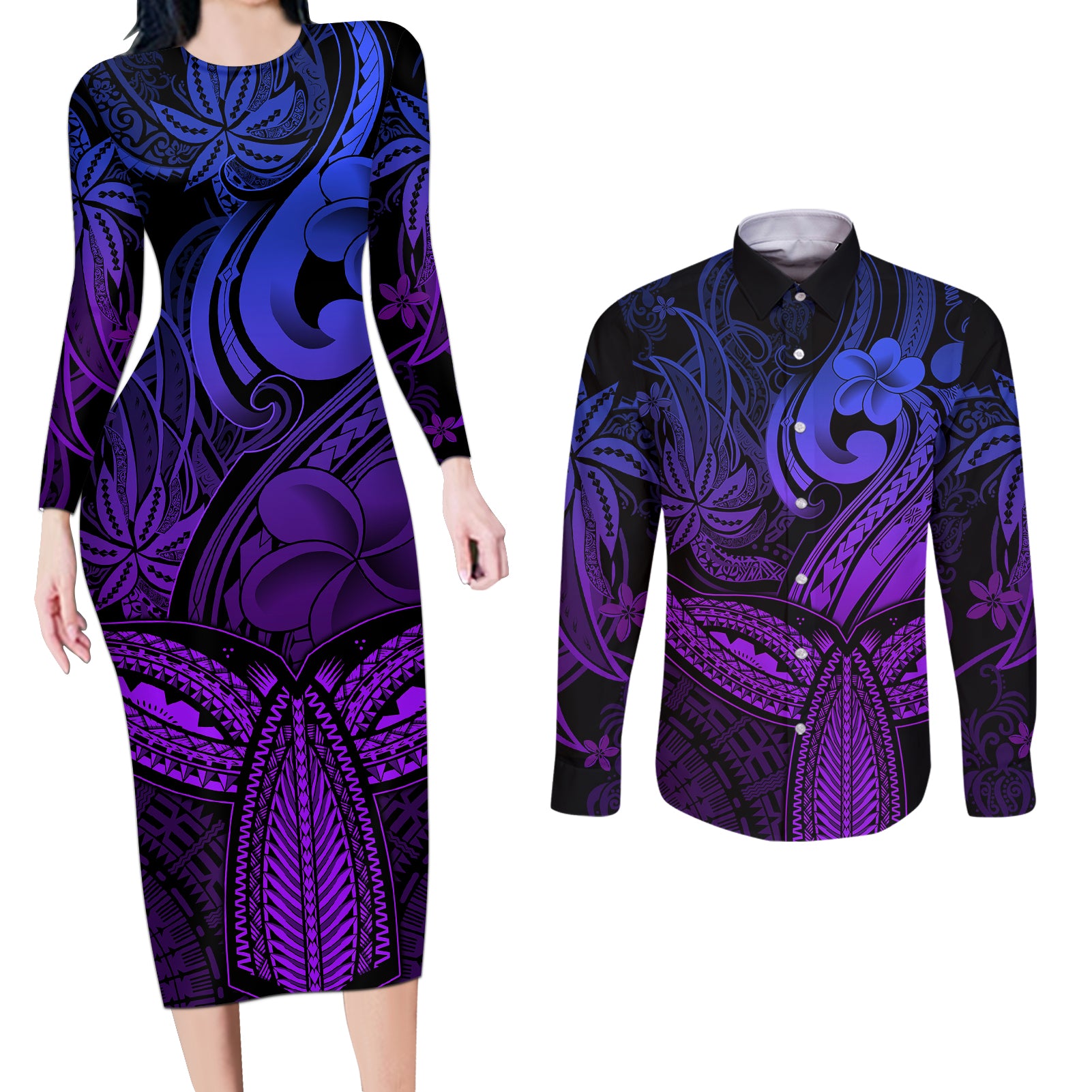 Polynesia Couples Matching Long Sleeve Bodycon Dress and Long Sleeve Button Shirts Whale Tale and Polynesian Sunset Plumeria Purple LT9 - Wonder Print Shop