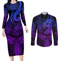 Polynesia Couples Matching Long Sleeve Bodycon Dress and Long Sleeve Button Shirts Whale Tale and Polynesian Sunset Plumeria Purple LT9 - Wonder Print Shop