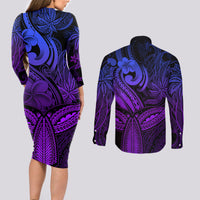 Polynesia Couples Matching Long Sleeve Bodycon Dress and Long Sleeve Button Shirts Whale Tale and Polynesian Sunset Plumeria Purple LT9 - Wonder Print Shop