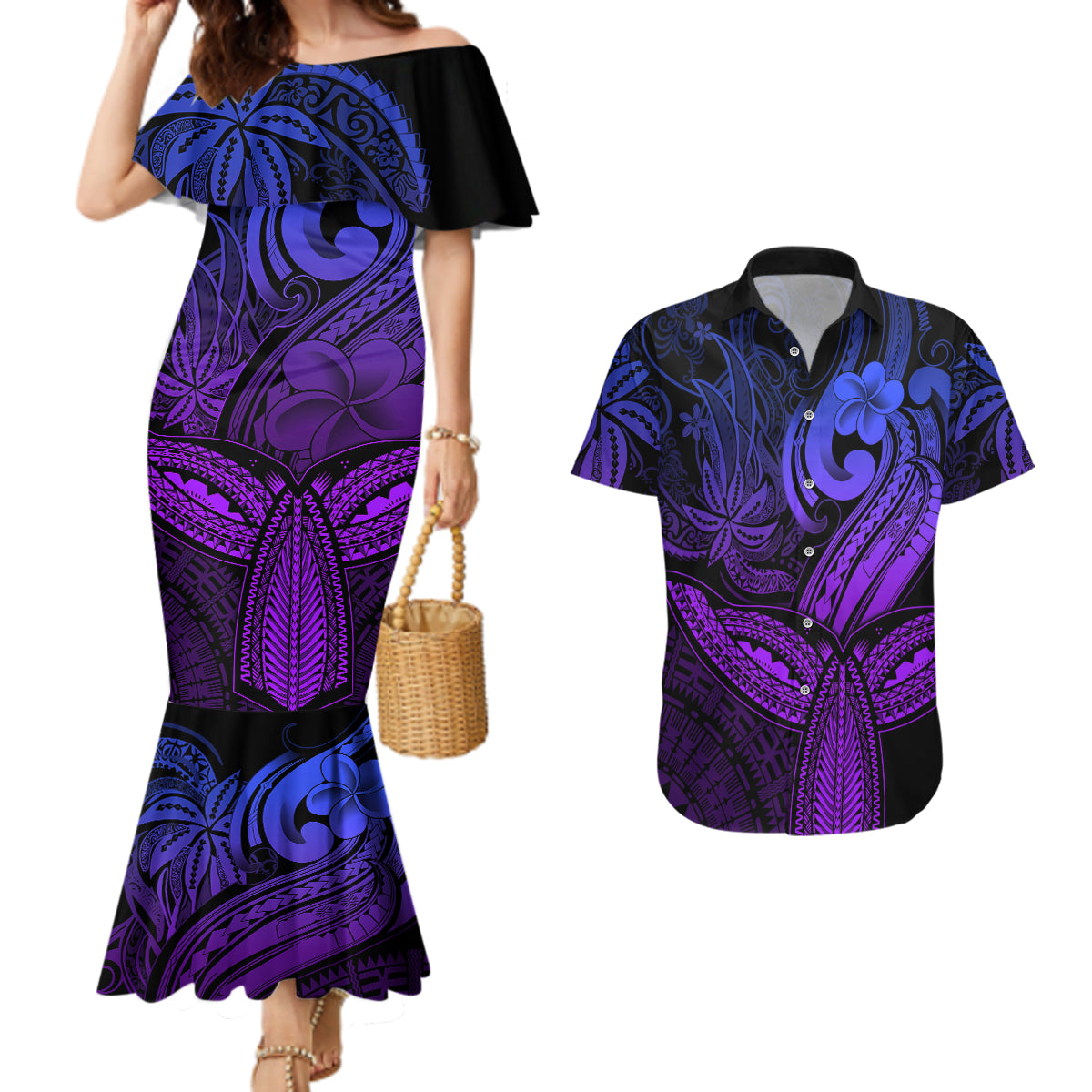 Polynesia Couples Matching Mermaid Dress and Hawaiian Shirt Whale Tale and Polynesian Sunset Plumeria Purple LT9 - Wonder Print Shop