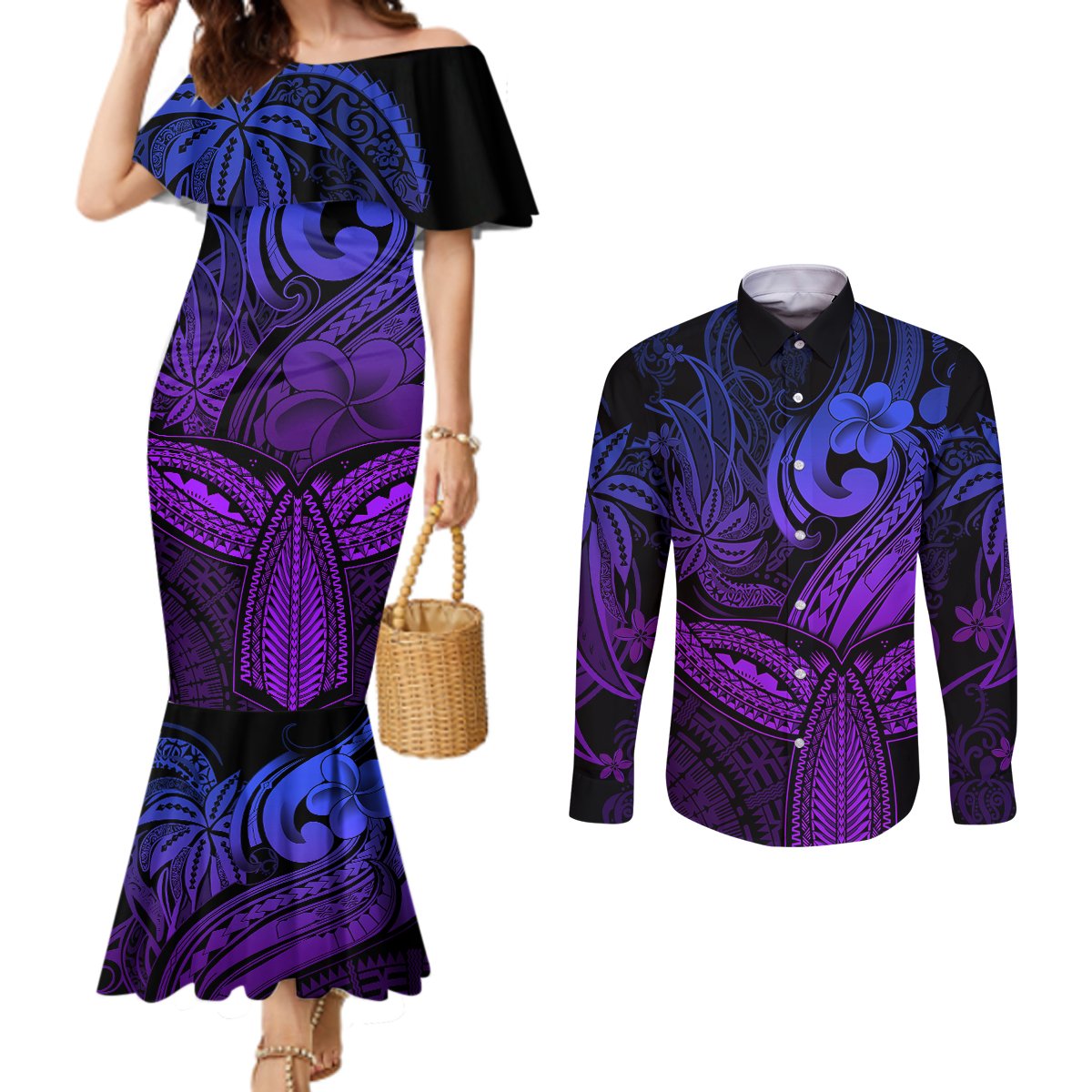 polynesia-couples-matching-mermaid-dress-and-long-sleeve-button-shirts-whale-tale-and-polynesian-sunset-plumeria-purple