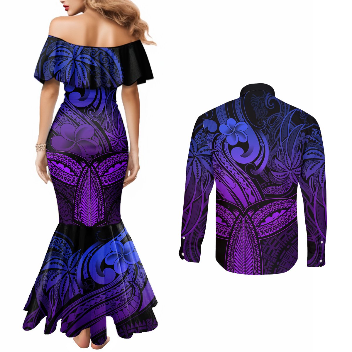 polynesia-couples-matching-mermaid-dress-and-long-sleeve-button-shirts-whale-tale-and-polynesian-sunset-plumeria-purple