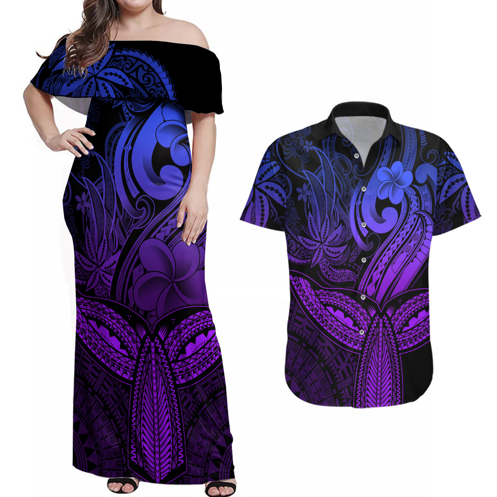 Polynesia Couples Matching Off Shoulder Maxi Dress and Hawaiian Shirt Whale Tale and Polynesian Sunset Plumeria Purple LT9 - Wonder Print Shop