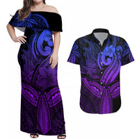 Polynesia Couples Matching Off Shoulder Maxi Dress and Hawaiian Shirt Whale Tale and Polynesian Sunset Plumeria Purple LT9 - Wonder Print Shop