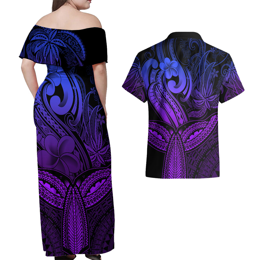Polynesia Couples Matching Off Shoulder Maxi Dress and Hawaiian Shirt Whale Tale and Polynesian Sunset Plumeria Purple LT9 - Wonder Print Shop