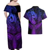 Polynesia Couples Matching Off Shoulder Maxi Dress and Hawaiian Shirt Whale Tale and Polynesian Sunset Plumeria Purple LT9 - Wonder Print Shop