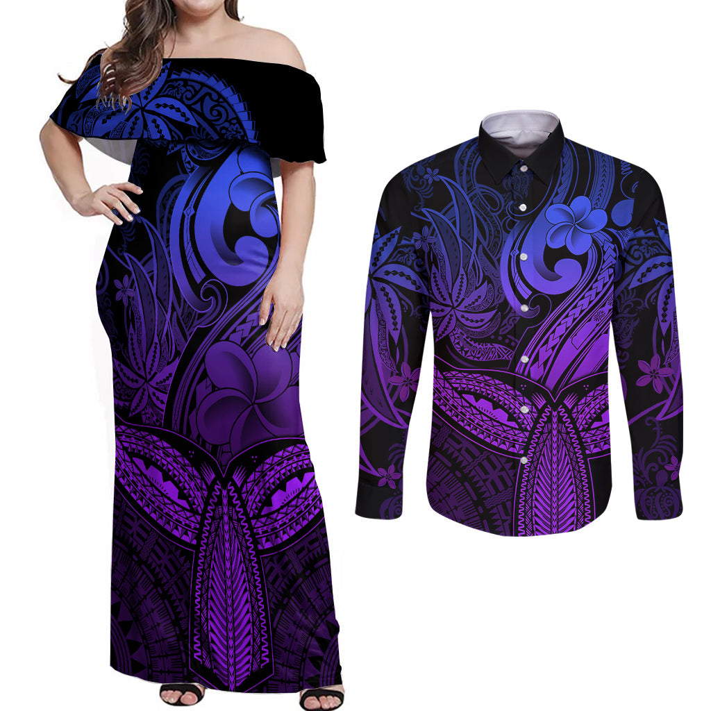 Polynesia Couples Matching Off Shoulder Maxi Dress and Long Sleeve Button Shirts Whale Tale and Polynesian Sunset Plumeria Purple LT9 - Wonder Print Shop