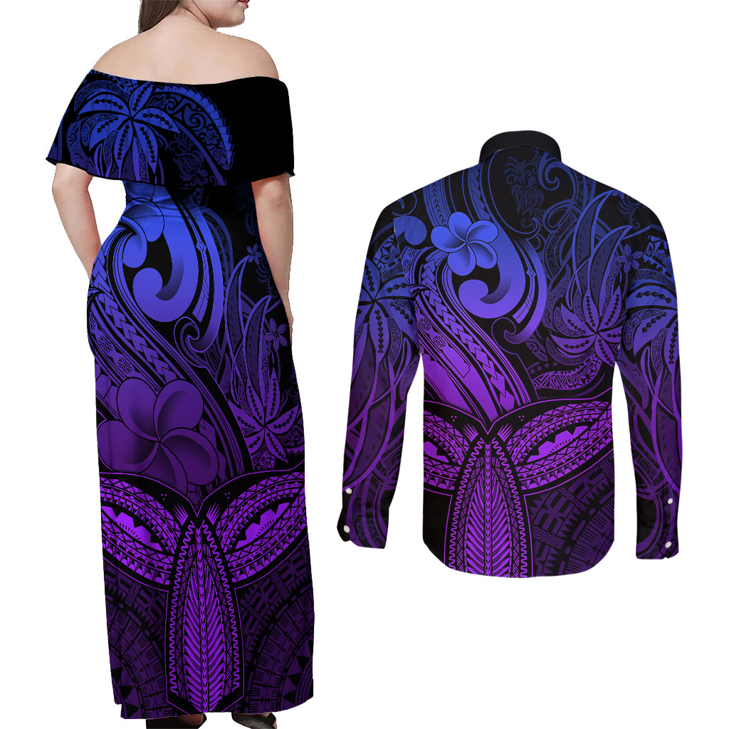 Polynesia Couples Matching Off Shoulder Maxi Dress and Long Sleeve Button Shirts Whale Tale and Polynesian Sunset Plumeria Purple LT9 - Wonder Print Shop