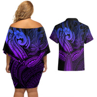 Polynesia Couples Matching Off Shoulder Short Dress and Hawaiian Shirt Whale Tale and Polynesian Sunset Plumeria Purple LT9 - Wonder Print Shop