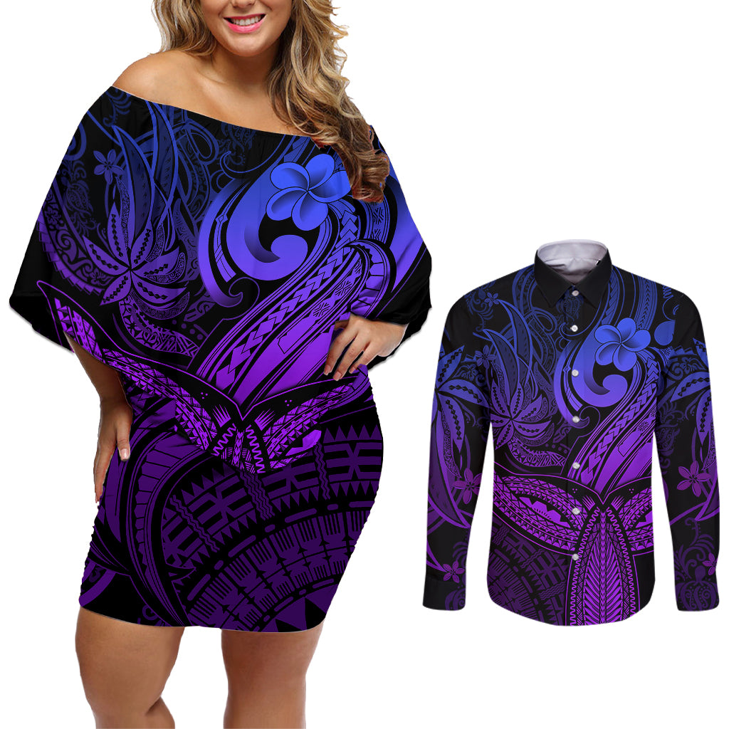 Polynesia Couples Matching Off Shoulder Short Dress and Long Sleeve Button Shirts Whale Tale and Polynesian Sunset Plumeria Purple LT9 - Wonder Print Shop