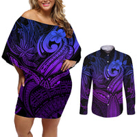 Polynesia Couples Matching Off Shoulder Short Dress and Long Sleeve Button Shirts Whale Tale and Polynesian Sunset Plumeria Purple LT9 - Wonder Print Shop