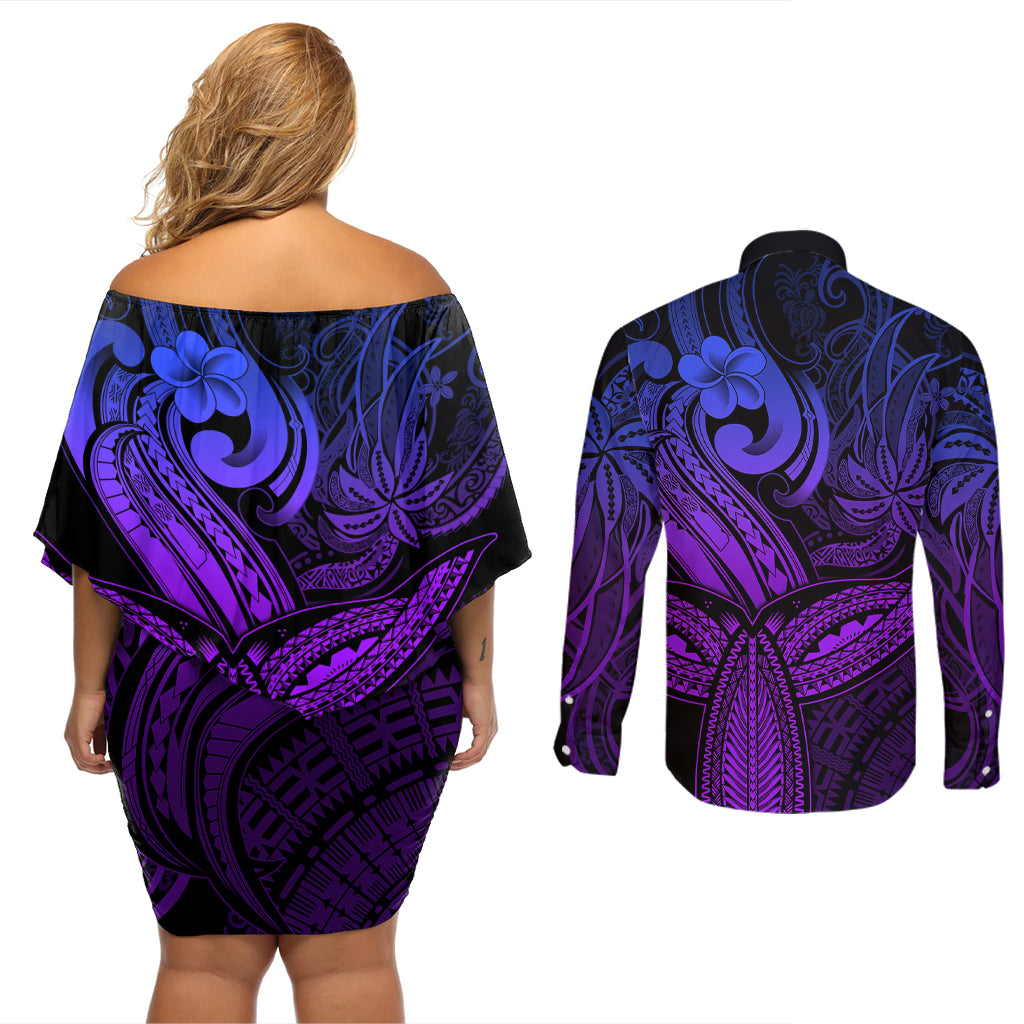 Polynesia Couples Matching Off Shoulder Short Dress and Long Sleeve Button Shirts Whale Tale and Polynesian Sunset Plumeria Purple LT9 - Wonder Print Shop