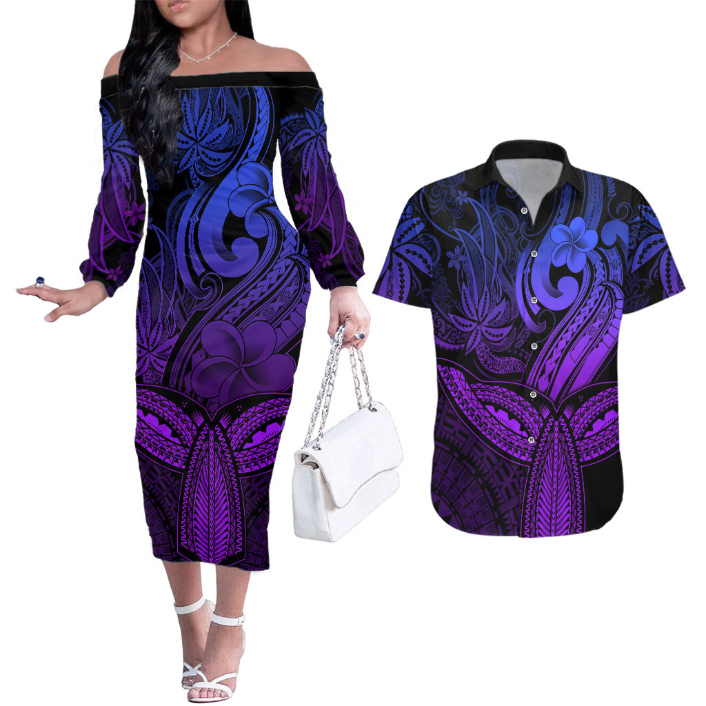 Polynesia Couples Matching Off The Shoulder Long Sleeve Dress and Hawaiian Shirt Whale Tale and Polynesian Sunset Plumeria Purple LT9 - Wonder Print Shop