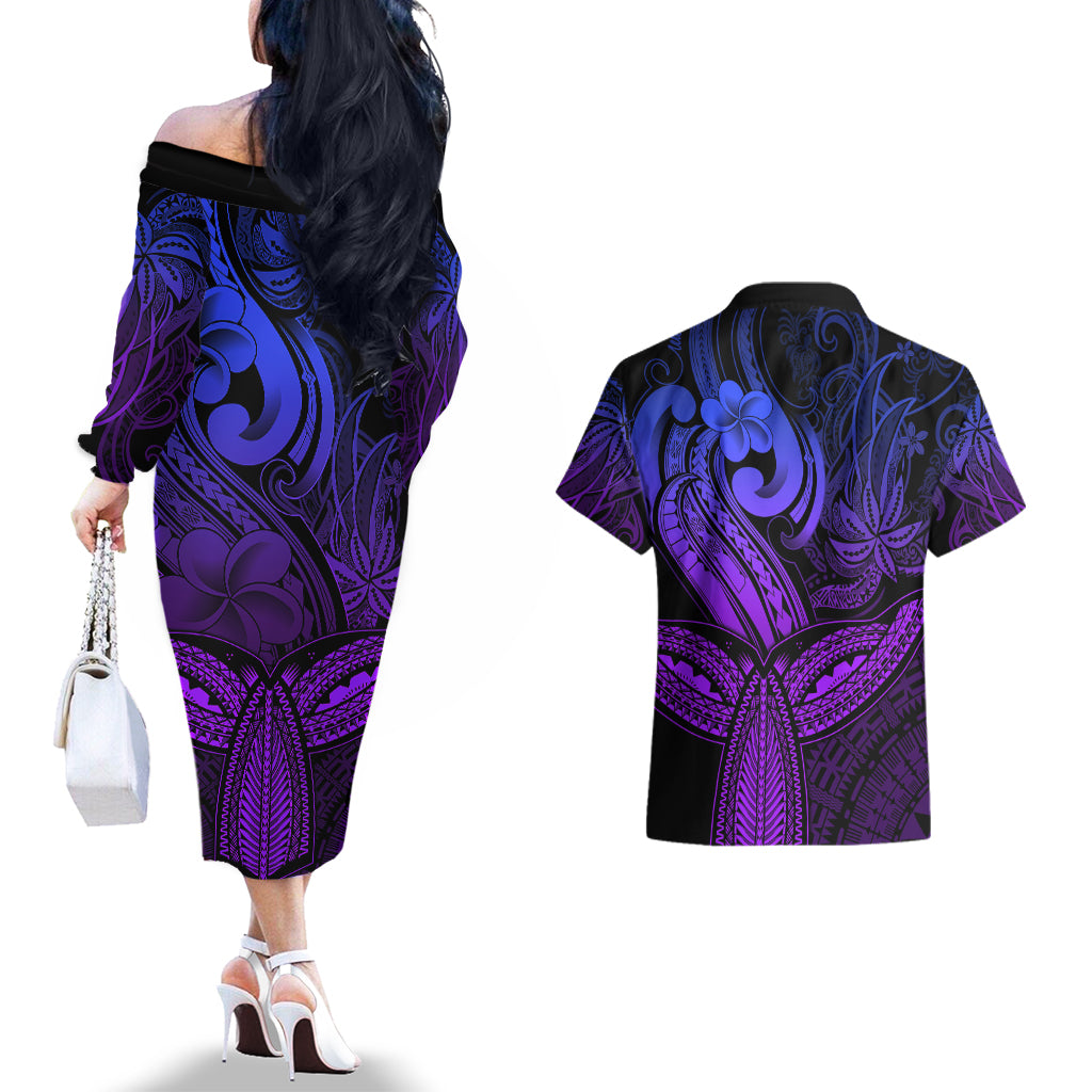 Polynesia Couples Matching Off The Shoulder Long Sleeve Dress and Hawaiian Shirt Whale Tale and Polynesian Sunset Plumeria Purple LT9 - Wonder Print Shop