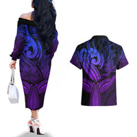 Polynesia Couples Matching Off The Shoulder Long Sleeve Dress and Hawaiian Shirt Whale Tale and Polynesian Sunset Plumeria Purple LT9 - Wonder Print Shop