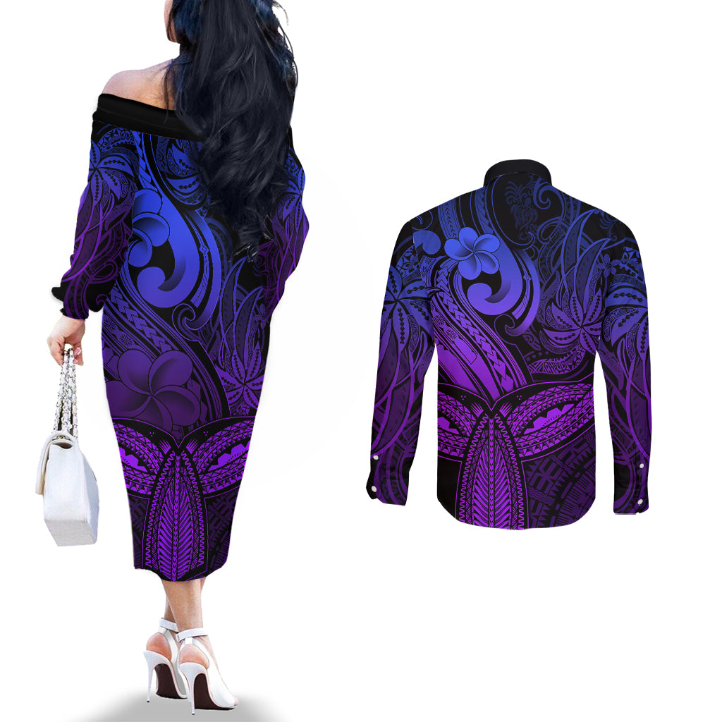 polynesia-couples-matching-off-the-shoulder-long-sleeve-dress-and-long-sleeve-button-shirts-whale-tale-and-polynesian-sunset-plumeria-purple