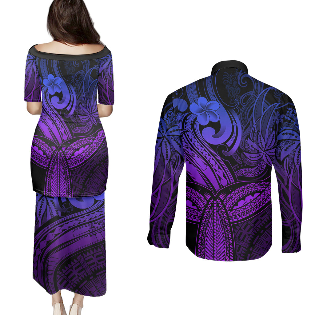 Polynesia Couples Matching Puletasi Dress and Long Sleeve Button Shirts Whale Tale and Polynesian Sunset Plumeria Purple LT9 - Wonder Print Shop