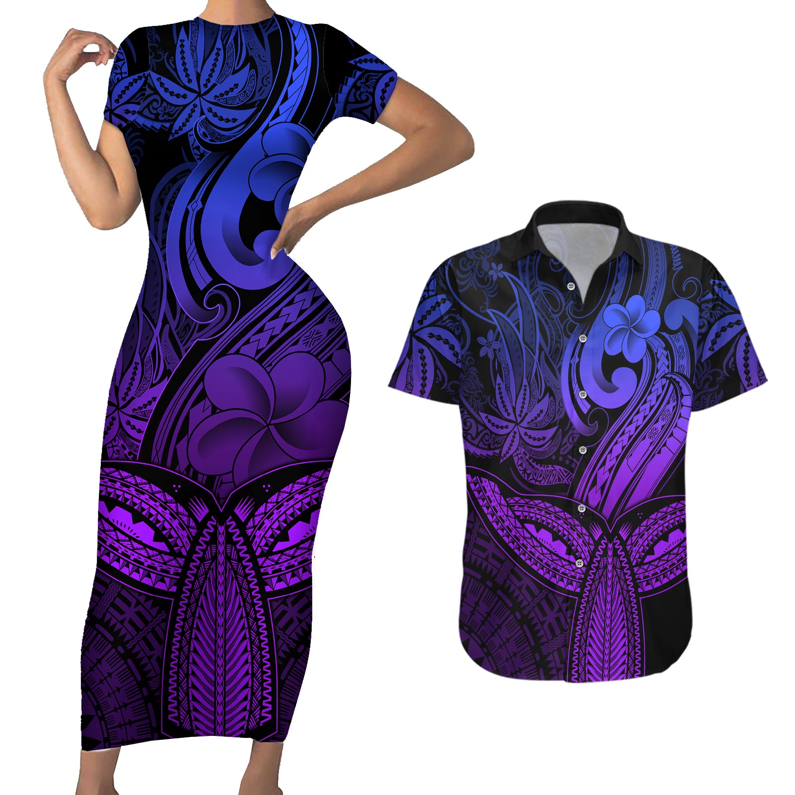 Polynesia Couples Matching Short Sleeve Bodycon Dress and Hawaiian Shirt Whale Tale and Polynesian Sunset Plumeria Purple LT9 - Wonder Print Shop