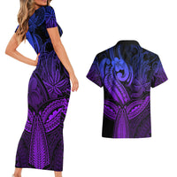 Polynesia Couples Matching Short Sleeve Bodycon Dress and Hawaiian Shirt Whale Tale and Polynesian Sunset Plumeria Purple LT9 - Wonder Print Shop