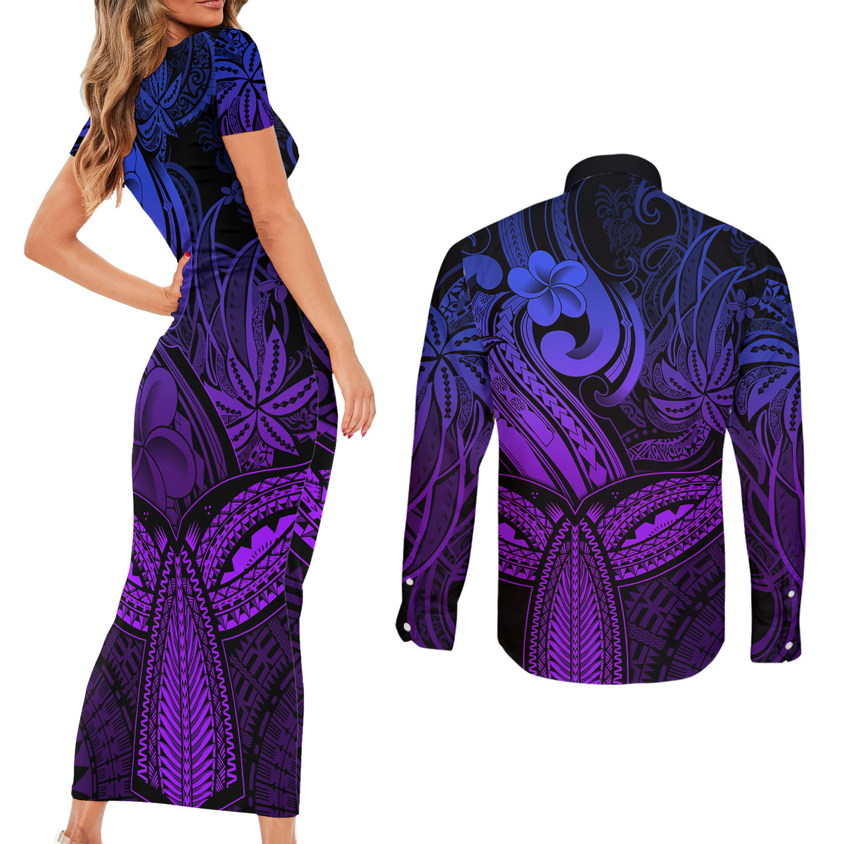 Polynesia Couples Matching Short Sleeve Bodycon Dress and Long Sleeve Button Shirts Whale Tale and Polynesian Sunset Plumeria Purple LT9 - Wonder Print Shop