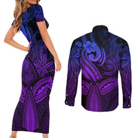 Polynesia Couples Matching Short Sleeve Bodycon Dress and Long Sleeve Button Shirts Whale Tale and Polynesian Sunset Plumeria Purple LT9 - Wonder Print Shop