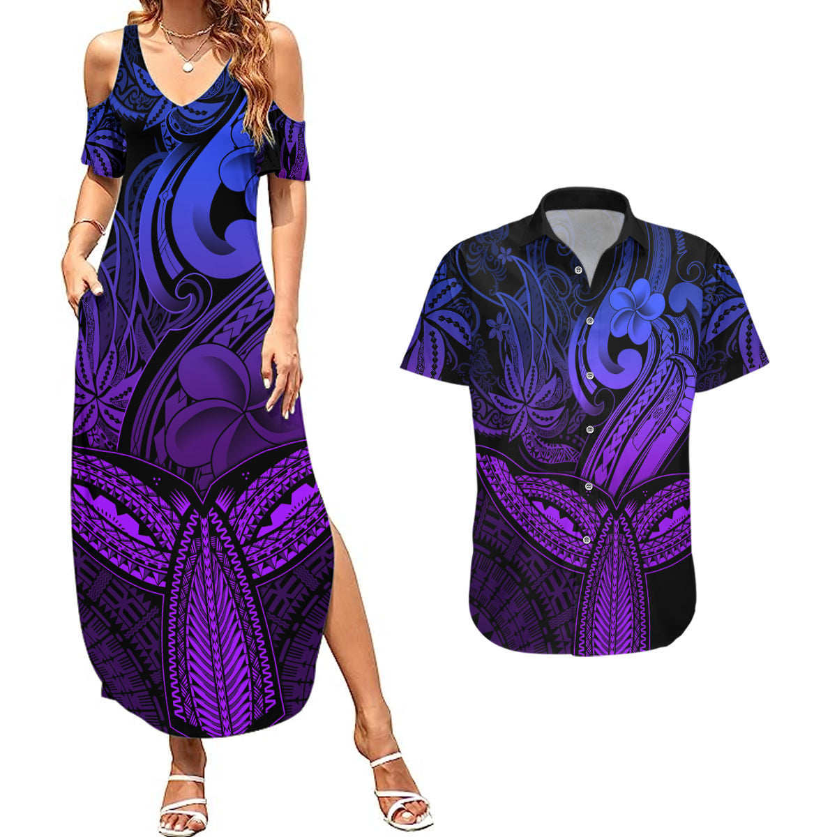 Polynesia Couples Matching Summer Maxi Dress and Hawaiian Shirt Whale Tale and Polynesian Sunset Plumeria Purple LT9 - Wonder Print Shop