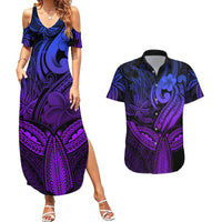 Polynesia Couples Matching Summer Maxi Dress and Hawaiian Shirt Whale Tale and Polynesian Sunset Plumeria Purple LT9 - Wonder Print Shop